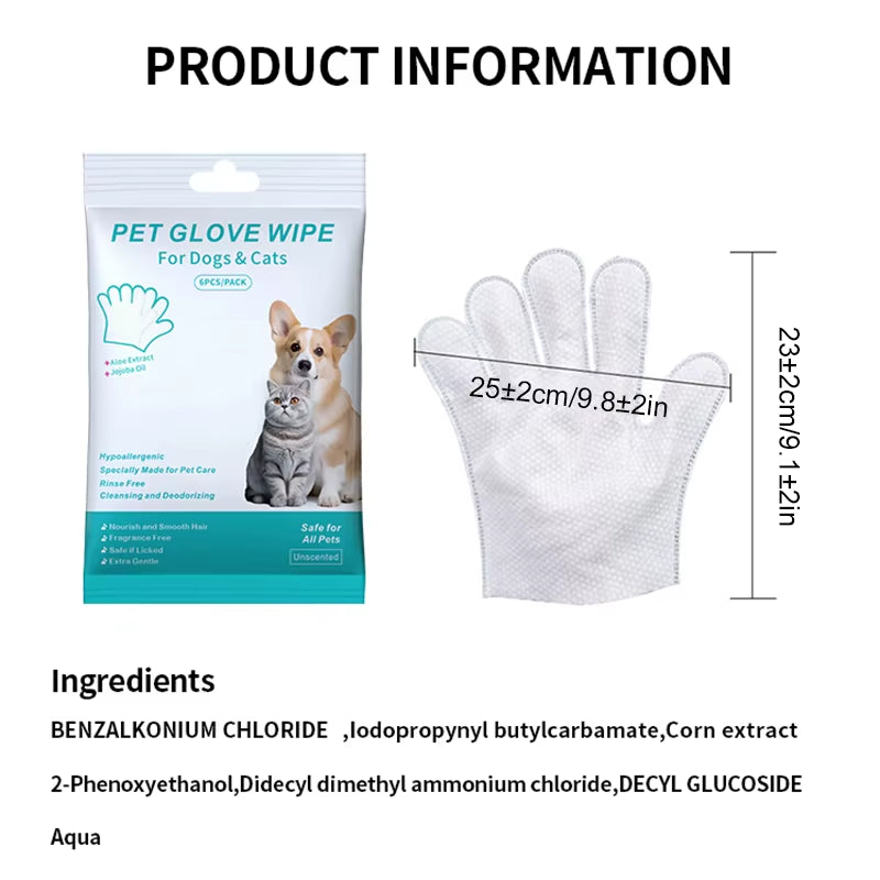 Revolutionary 6PCS Pet Wash-Free Gloves - Gentle Deodorant Wipes for Cats and Dogs - Convenient Disposable Cleaning Solution