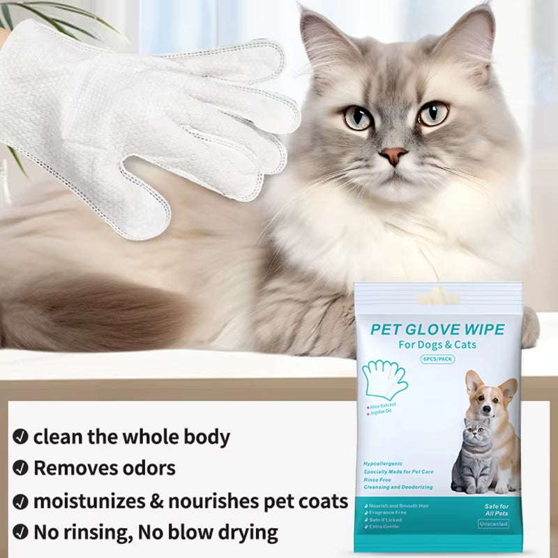 Revolutionary 6PCS Pet Wash-Free Gloves - Gentle Deodorant Wipes for Cats and Dogs - Convenient Disposable Cleaning Solution